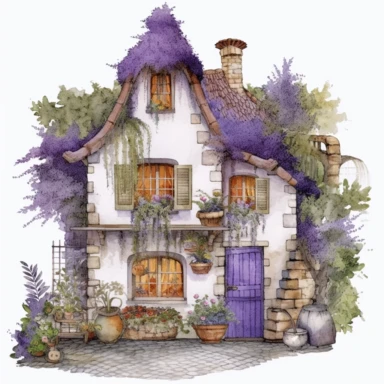 watercolor mixed media masterpiece beautiful white cozy small house with violet door, richly decorated with lupine, pots with flowers, overgrown with moss, the garden at the back of the house, provence, golden accents, shabby shic style, by Rodney Matthews style and by Daniel Ridgway Knight style and by Nicholas Hely Hutchinson style, Baroque style, PNG clipart, isolated on white, extreme photorealistic details, 32k HD resolution, realistic high detailization high resolution