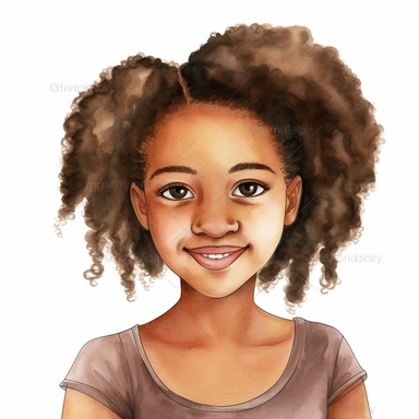 watercolor pretty mixed african american teen girl painting clipart, hd, on white background, spaced out--ar 3:2--s 1000