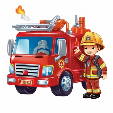 Cute Beautiful Fire Truck And Fire Man Sublimation Clipart,Cartoon,hyper realistic, intricate detail, illustration style,high solution,on the white background