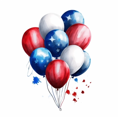 bunch of balloons, bright blue, white, red color, amazing watercolor clipart, ultra realistic, bright color, hd, independents day, patriotic usa