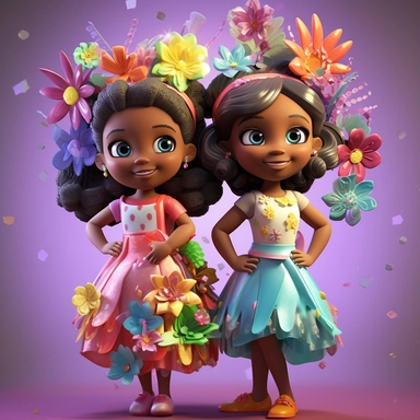 There are two little african american girls wearing colorful and vibrant dresses, with flower-shaped hair clips adorning their hair,3d art,c4d,actane render,ray tracing,popmart bling box,clay material,pixar trend,animation ligting,depth of field,ultra,detailed 5