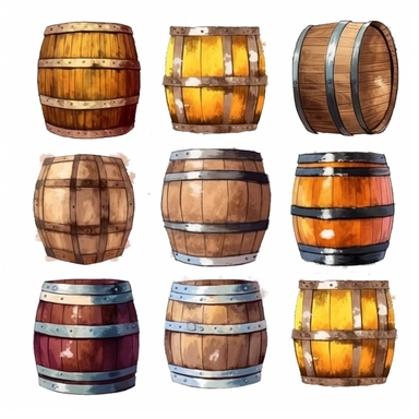 Beer Barrels: Paint clipart of wooden beer barrels, capturing the rich browns and intricate details of the barrel staves and metal bands, full color, clipart, watercolor illustration, single object, high definition 8k, white background for removing background