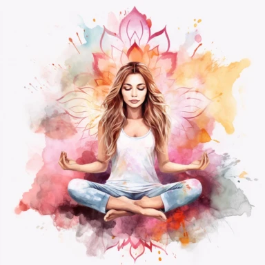 Young woman in yoga lotus pose with eyes open. pale watercolor mandala background, isolated clipart, gradient watercolor-- seed 3031338457