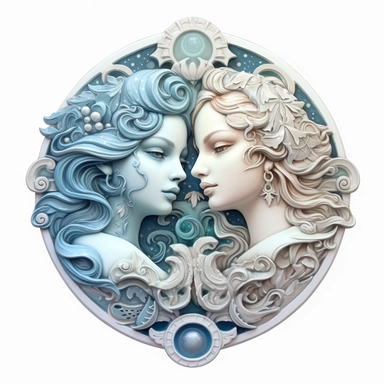 mystical astrological Gemini zodiac sign, fantasy, fairytale, storybook, decorative plaster style, clipart, digital painting, light ink, very detailed, very realistic, white background, bright mood, 4k quality