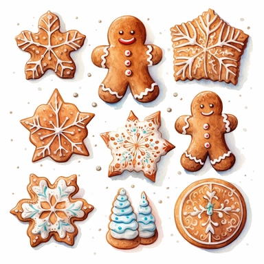 watercolor christmas cookies, watercolor christmas ginger bread, watercolor christmas gingerbread, white icing, watercolor clip art, white background, highly detailed, 8k, clip art