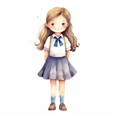 hand drawn, a cute happy school girl , illustration Watercolor clipart, katie daisy style, single object,png,transparent, white background for removing background - - no text shadow font watermark