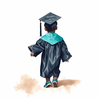 a black toddler graduate, with a turquoise graduation cap, afro, 3k graduation, backview, jumping, faceless, bold watercolor clipart