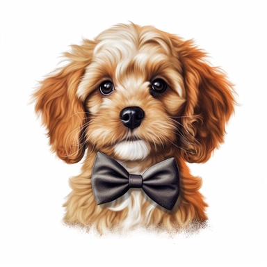 cute cavapoo wearing bow tie and suit, realistic, vector, illustration, clip art, white background