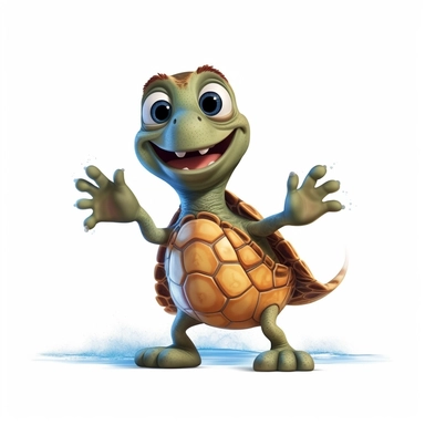 a cute adorable sea turtle with a big smile, dancing, full body image, waving only one hand, pixar style, clipart, white background