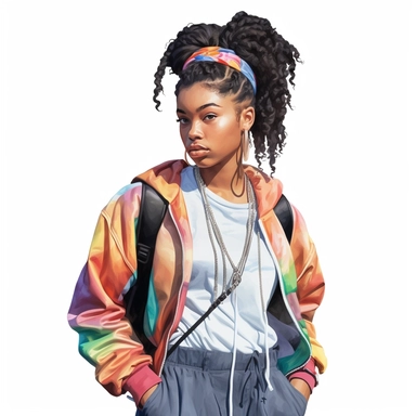 black, African American girl wearing colorful 1990’s style urban streetwear clipart, watercolor style, hyper realistic, detailed, white background