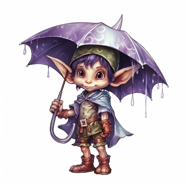 Cute Adorable magical little Elf with big pointed ears holds a umbrella in his hand wears a raincape and stand in the rain on a country road, clipart, photorealistic illustration, watercolor, high detail, 8k polished, 8k, vibrant colors, sticker, majestic, die cut, black and purple color, white background