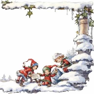 Santa's elves playing in a snowbank as a partial page border, clipart with a white background, clearly defined separate image, high quality--ar3:4-no mockups, watermarks, numbers, writing, letters--q2--v5.1--s1000