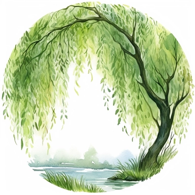 a willow tree clipart graphic enclosed within a light green circle-border that mimics a watercolor brush stroke. The background behind the willow tree should be white with only the border a color