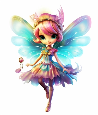 free clipart, little fairy in a rainbow dress, in the style of whimsical and fantastical elements, shiny eyes, dark gold and pink, graffiti style, light turquoise and light yellow, transparent layers, flickr, disney style, white background