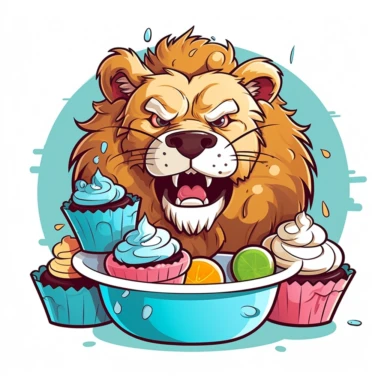 cute funny clipart of beast mode lion with cakes in mouth graphic design for a tshirt in a cartoon style, heavy outlines,bold outlines, flat shading , vector, contour, isolated plain white background