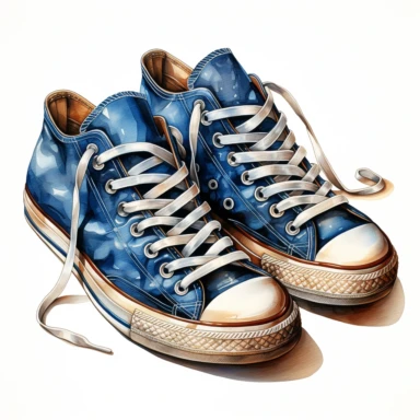 hand drawn , watercolor, hyper realistic, white background, white margins, 16k, ultra detailed clipart, cut out image, hand-drawn, ultra HD, sharp and clean art a pair of white vintage old worn sneakers 1940 -1950 era , capturing the romantic and feminine aesthetics often associated with vintage fashion and travel, Clipart