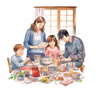 watercolor, family home activities. Happy parents and children playing video and board games, cooking, dancing, doing jigsaw puzzles, taking baths, and painting together. png Full body realistic cartoon in 32K UHD cute. 15 cm thick outline. Black color. There was no shadow on the ground. 8k with realistic watercolors and detailed illustrations. PNG clipart, transparent white background
