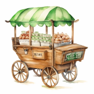 create a beatiful highly deatailed and saturated disney style watercolor clipart image of an old fashion wooden bakery cart selling key lime pies, white background, no text, no font