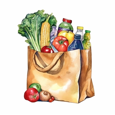 watercolor detailed illustration of Grocery bag with a variety of groceries peeking out, clipart, white background