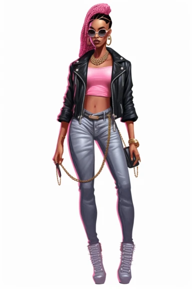 Illustration detailed clip art illustration on a white background, pose full-length model black woman Musier Paris Kelsey biker jeans jacket and chocker with body jewelry, long thick braided hair, cute nose, makeup, lips fashion pink, elegant classy, shiny colors, hyper details sticker art, elegant, modeling,