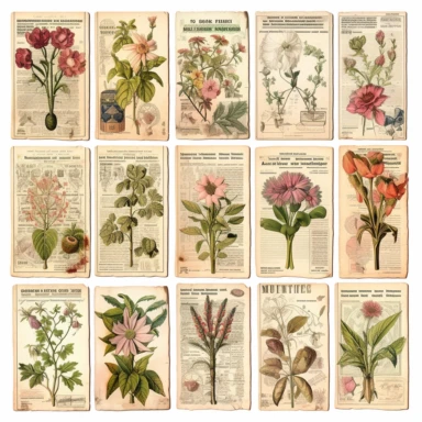 Craft vintage-inspired printable ephemera for junk journals featuring botanical illustrations, vintage advertisements, and newspaper clippings. Clipart isolated on solid white