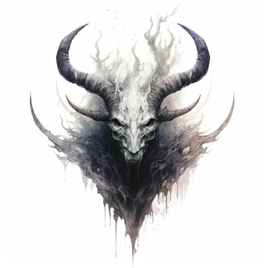 A bone-chilling portrait of a demonic figure, its sharp horns protruding from a sinister silhouette, its eyes glowing with otherworldly power. Clipart, watercolor, white background, intricate detail.