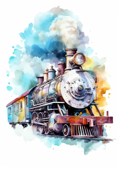 Pastel train, big beautiful locomotive, bursting with steam, Steampunk Clipart, Printable Watercolor, Retro Futuristic, Victorian Era Art Print, colorful, details, high quality 8K, white background
