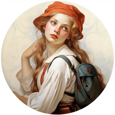 very beautiful girl with schoolbag, vintage, white background, round clipart with pastel color, detailed and lovely Renaissance painting