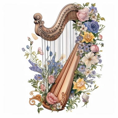Vintage harp with flowers, illustration clipart, high detailed, white background, digital art
