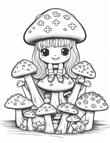 Kawaii fairy sitting on a toadstool in a magical forest For Simple Coloring page,line art, thick lines, black and white,clipart, illustration, on white background,Detailed,Details