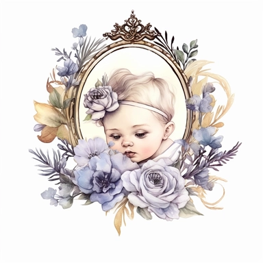 watercolor on white background. Generate a high-quality image of Victorian-style baby clip art featuring intricate floral designs. The perspective should be from a top-down view, with the baby positioned in the center of the image. The style should be elegant and detailed, with soft pastel colors and fine lines. Please ensure that the floral designs are intricate and detailed, with a variety of different types of flowers included. The overall effect should be beautiful and charming, evoking the 