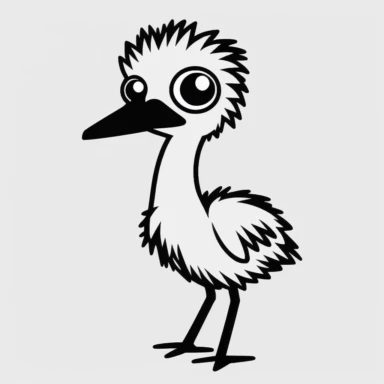 Simple outline of a Emu, kids cartoon, minimalist, black on white, lineart, 2d flat file, silhouette, clipart, uninterrupted outline as in an svg, perfect outline corners, make it an outline svg and fill color white, exact outline, the line should not be thickened, the line should not be thicker or thinner, the outline of the line should be thin, maximum 1 millimetre.