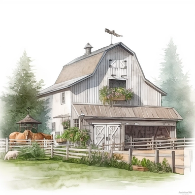 pretty white painted barn clipart, painted white, pretty charming farmyard setting with plants trees and farm accessories, fence, detailed watercolor illustration, light color palette, farmyard accessories, isolated on white background