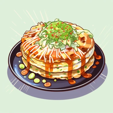 Visualize a vibrant, detailed clipart of a mouth-watering okonomiyaki. The savory pancake is filled with a variety of ingredients like cabbage, pork belly, and green onions. It's topped with a beautiful pattern of mayonnaise and okonomiyaki sauce, and finished off with a generous sprinkle of bonito flakes that appear to dance on the pancake. All set against a clean, white background that accentuates the colors and texture.