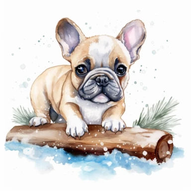 create a saturated beautiful CHRISTMAS themed watercolor clipart illustration of a happy and smiling SMALL FRENCH BULLDOG puppy PLAYING ON A LOG IN THE SNOW WITH ICICLES AND PAW PRINTS IN THE SNOW, white background, no font, no text, NO WATERMARK