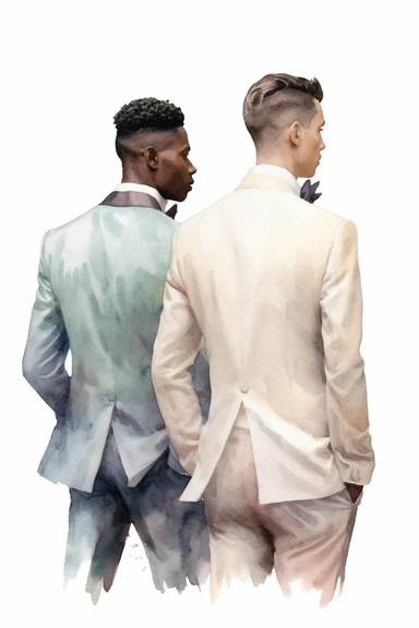 watercolor portrait illustration of dark-skinned groom with dark-skinned best man clipart, view of the back, zoomed in close view, in style of Michiel van Huysum, subtle faded color variations, hyper-detailed hd watercolor clipart, on white background, spaced out