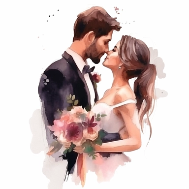 Glamorous and romantic wedding realistic watercolor, the beautiful bride and groom looking at each other with love. Smiling and happy wedding coupe. The bride is wearing long dark hair wearing boho jewelry and a veil, translucent, multi-layered, and delicate, with a bouquet of flowers of very delicate colors, fashion photography, watercolor clipart