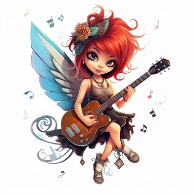 a beautiful fairy, punk rock star with guitar, cartoon, big wings, clipart, white background