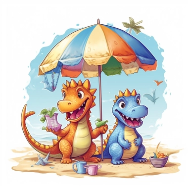 a foolish and cute dinosaurs having fun at the beach , clipart style, white bg