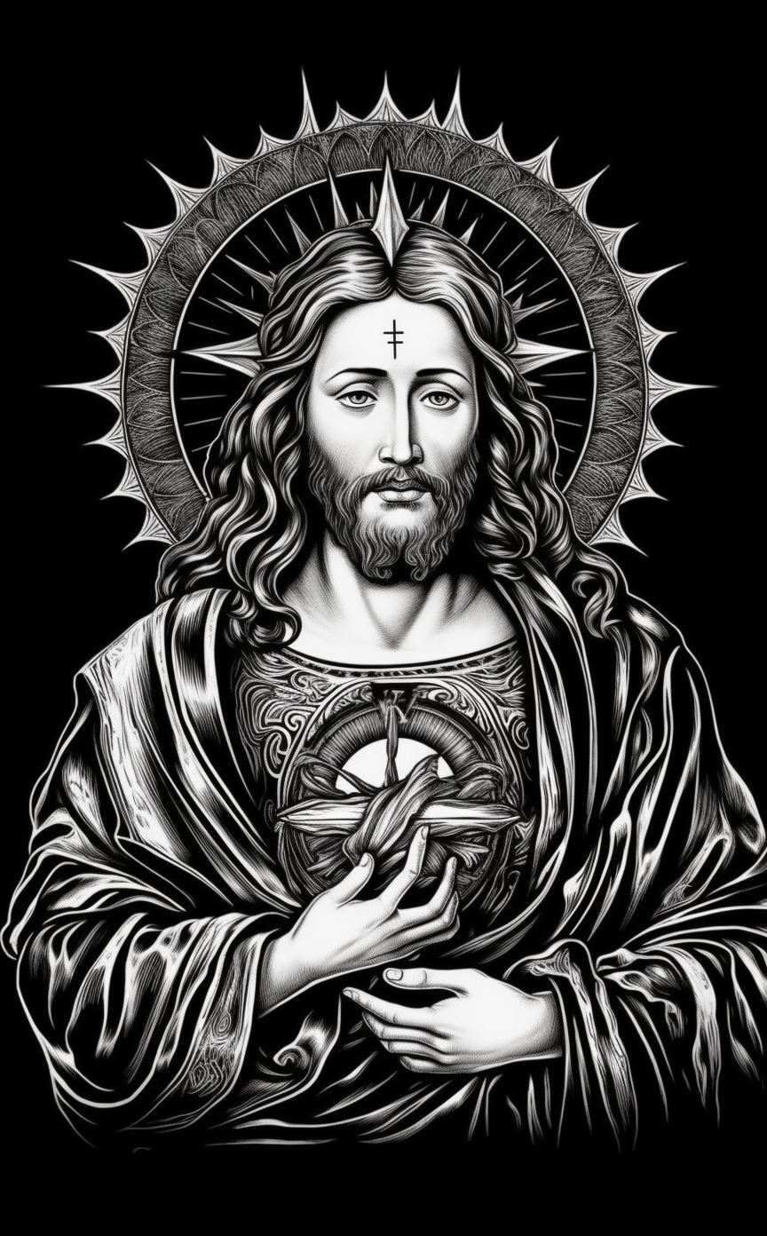 jesus holy heart clipart, in the style of black and white realism ...