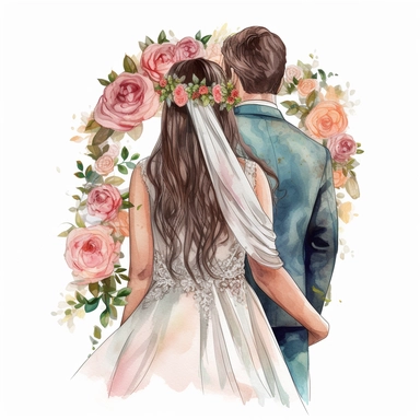 watercolor the middle of the couple New with arms around in the park back view Bridal veil with Roses flowers and leaves adorning her hair. hair up with flowers vividly bold designs png realistic cartoon in 32K UHD cute. 15 cm thick outline. Black color. There was no shadow on the ground. 8k with realistic watercolors. and detailed illustrations. PNG clipart, transparent white background