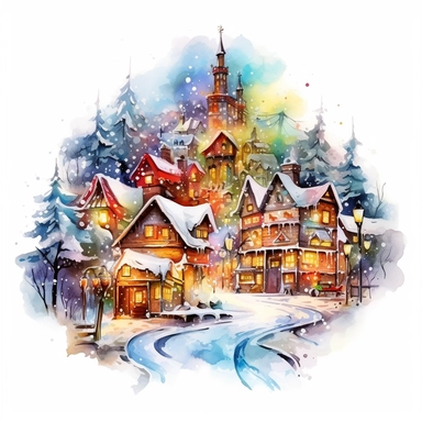 Christmas eve, style by Lucy Fleming, watercolor, smooth gradients, black contour outline, ultra detailed, clipart elements, vibrant colors, solid white background, super clear, high quality