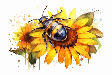 Watercolor, Design an image showcasing a beetle crawling on a sunflower, its presence contributing to the pollination and dispersal of these towering blooms, clipart, hd, on a white background, spaced out
