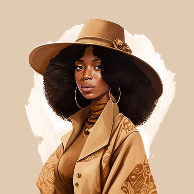 Full portrait,Beautifal happy black woman wearing a camel hat Fashion illustration clipart
