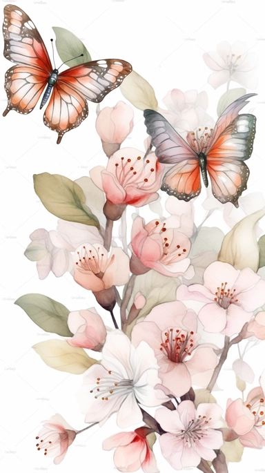 clipart Watercolor art of a cherry blossom branches, and butterflies, with soft pastel hues, illustration in the style of Ayami Kojima and J.C. Leyendecker, pixiv, high quality, highly detailed,on white background,fit image on paper, align center and middle, iw 0.75