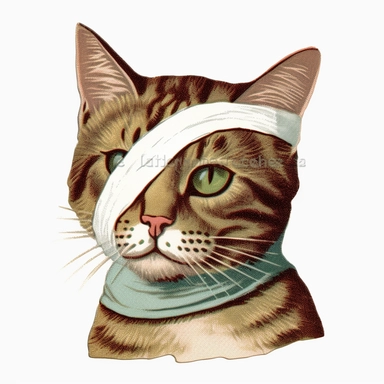 Vintage 1920 tabby cat with one eye closed & bandage Illustration, Chromolithograph, 1920s Illustration, Vintage, Chromolithograph, Colorful, Antique, Ephemera, Clipart, 8k, Isolated on white