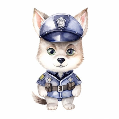 a dedicated watercolor clipart image with a white background, portraying a cute cartoon wolf police office