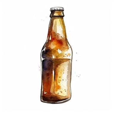 one watercolour clipart bottle of beer on a white background, in the style of golden age illustrations, villagecore, textured illustrations, high resolution, white and brown, solapunk, melting pots , no watermark, text, words, paintbrush, 300 DPI, typography, the images do not stick together, no text in the picture, no text in the picture