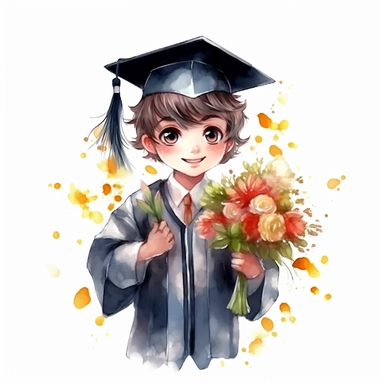 cute graduation boy with graduation flower bouquet illustration clipart, detailed, outline, white background, hd, watercolor, digital art