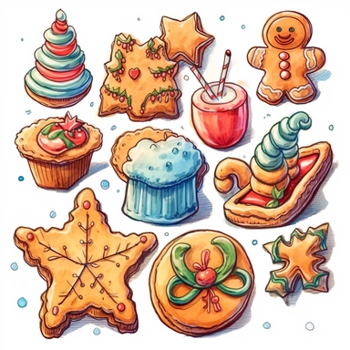 Christmas cookies style by Lucy Fleming, watercolor, smooth gradients, black contour outline, ultra detailed, clipart elements, delicate pastel colors, solid white background, super clear, high quality